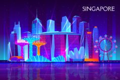 Colorful digital art of Singapore skyline reflecting online casino theme.