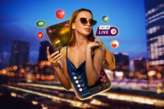 Woman using phone, instant withdrawal online casino interface with city backdrop.